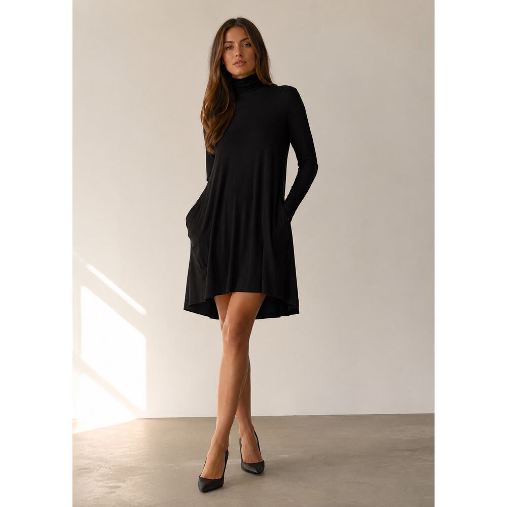 Norma Kamali Long Sleeve Turtleneck Swing Dress NWT XS Black Minimalist Luxe